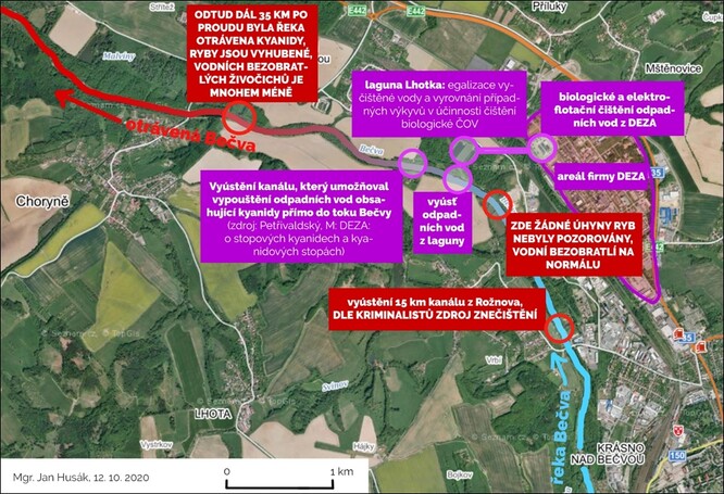 schematická mapa území vzniku havárie, zdroj: mapy.cz (upraveno)