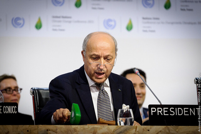 Laurent Fabius, prezident pařížské konference, odklepává zeleným kladívkem dohodu o klimatu.