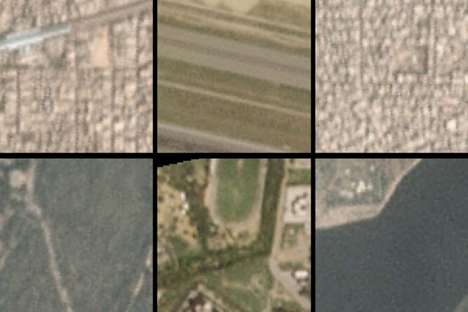 Satelitní snímky velikosti městských bloků vybrané umělou inteligencí jako místní hotspoty (nahoře) a chladná místa (dole) pro znečištění ovzduší v Pekingu.