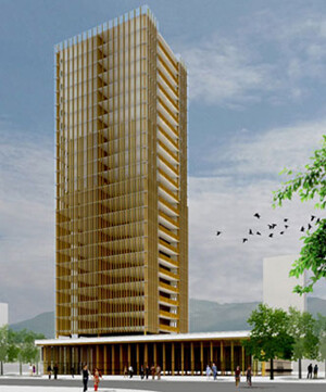 Architekt Michael Green navrhl třicetipatrový mrakodrap, nazvaný Tall Wood. Hlavním stavebním prvkem je dřevo.