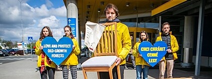 Aktivisté Greenpeace složili před obchodem IKEA nábytek od firem spojených s kácením vzácných rumunských lesů Foto: Barbora Sommers Greenpeace