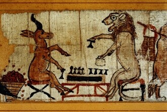 Lidé si antropomorfizují zvířata odedávna. Zde staroegyptská kresba na papyru cca z 12.-13. st. př. n. l., zachycující gazelu se lvem hrající hru na způsob šachů