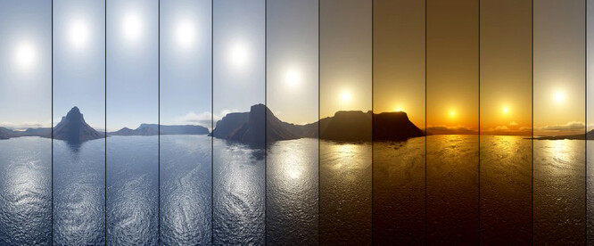 Změny charakteru slunečního světla jsou dobře patrné ze série fotografií pořízené v létě v průběhu dne nad polárním kruhem